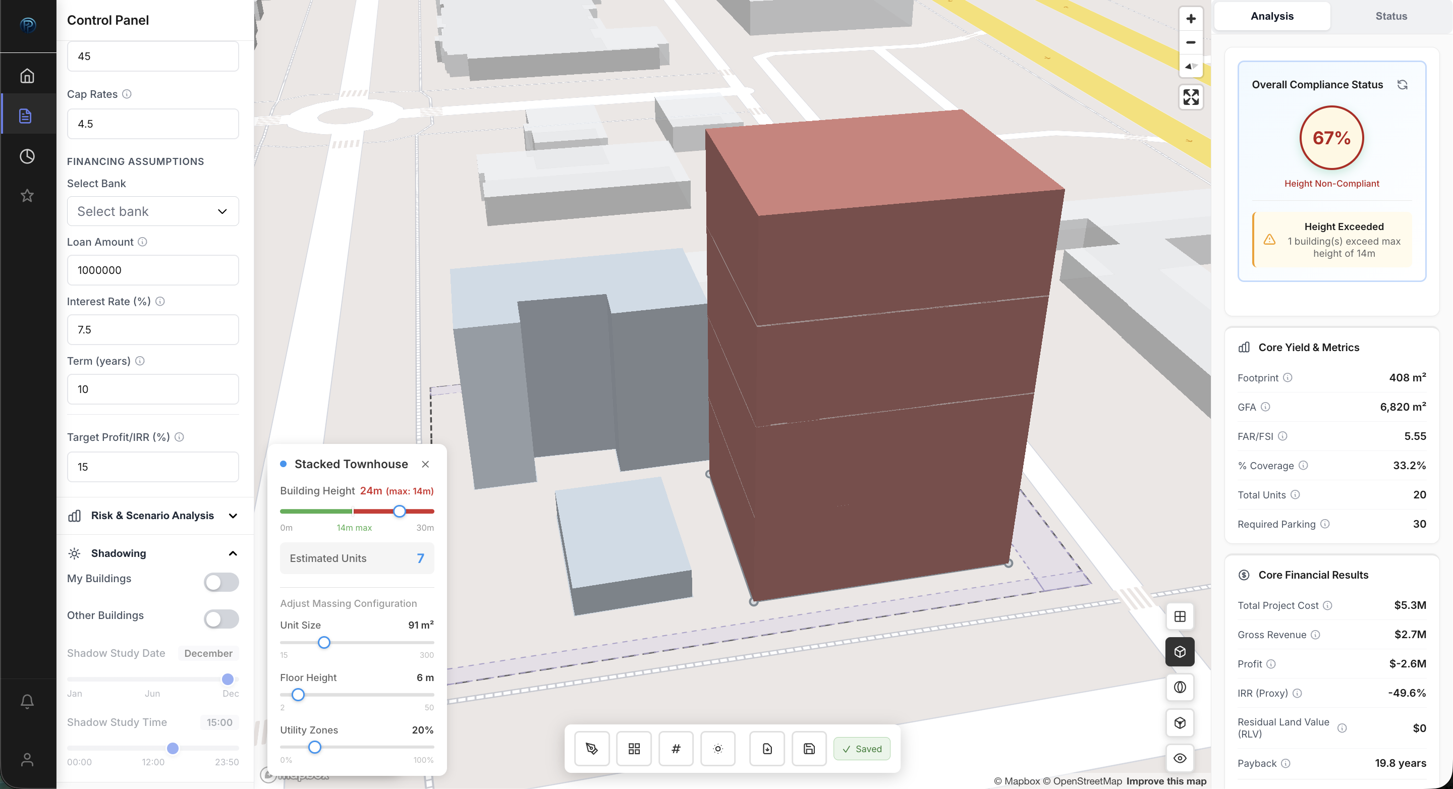 PlotPerfect compliance analysis showing 67% building with financial metrics